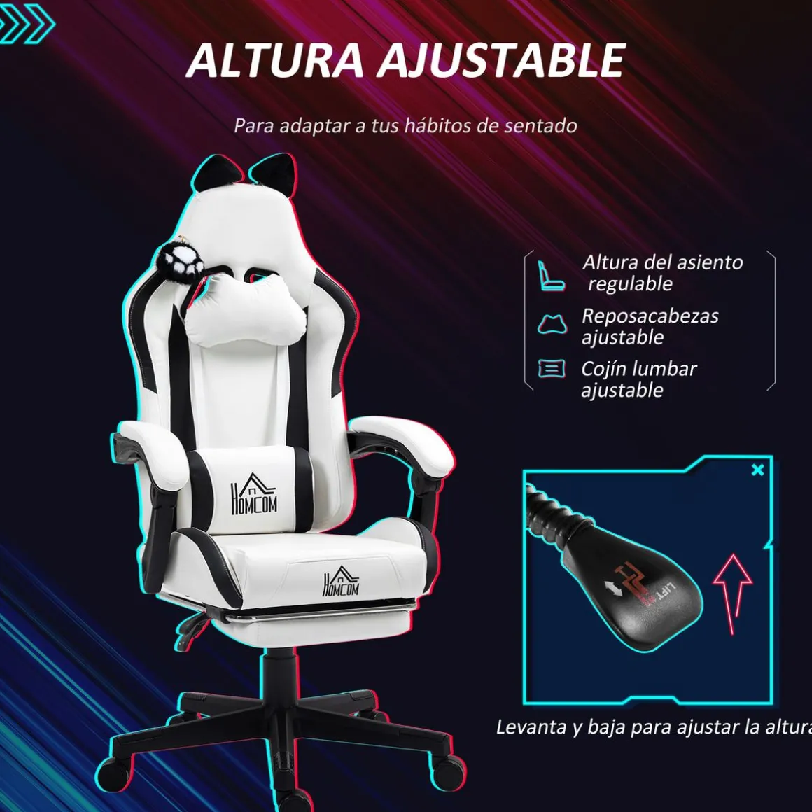 Silla gaming Cat Homcom 2 cojines + reposapiés 116-124x65x62 cm