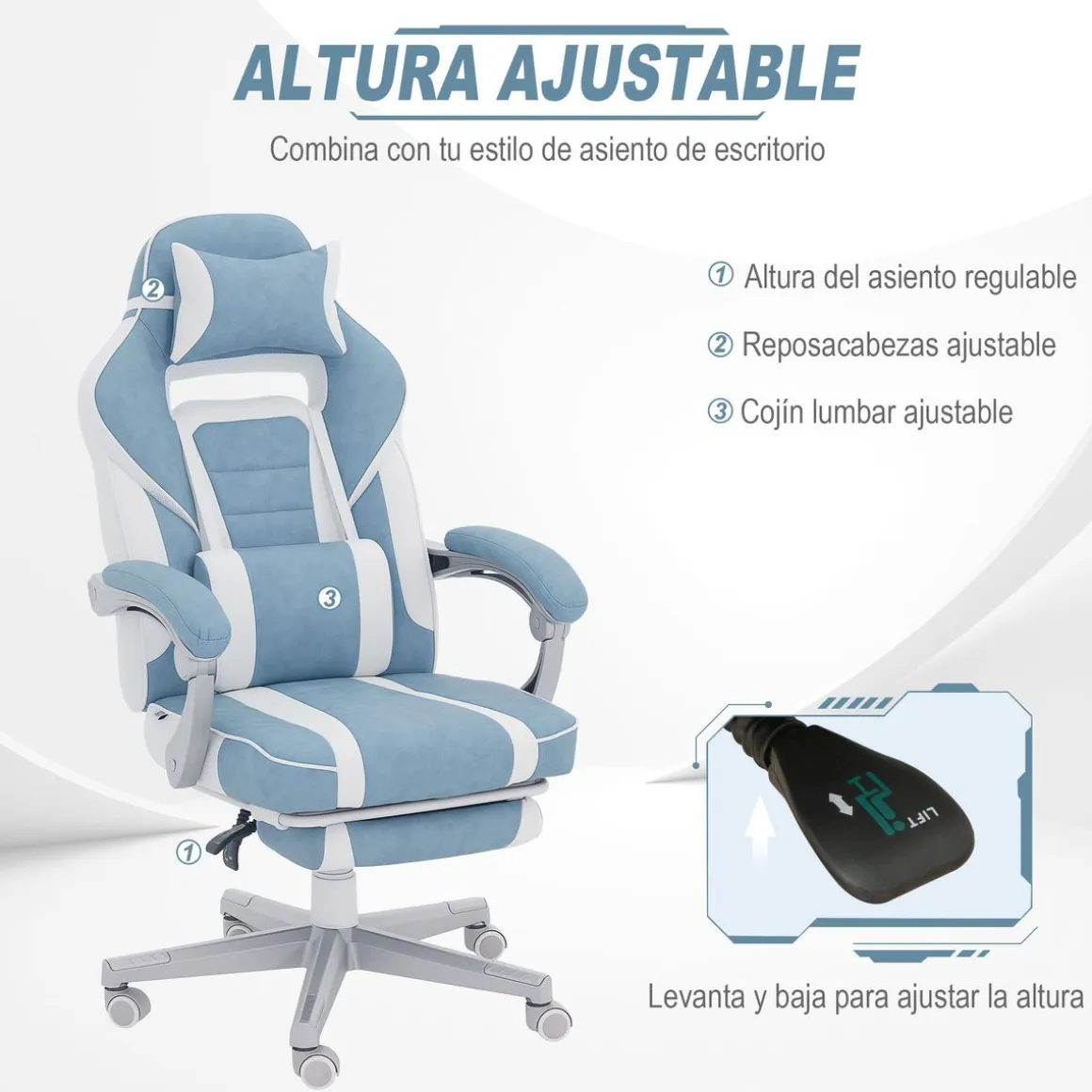 Silla gaming Gales Homcom reclinable + 2 cojines + reposapiés blanco/azul 94,5-102x63x145 cm