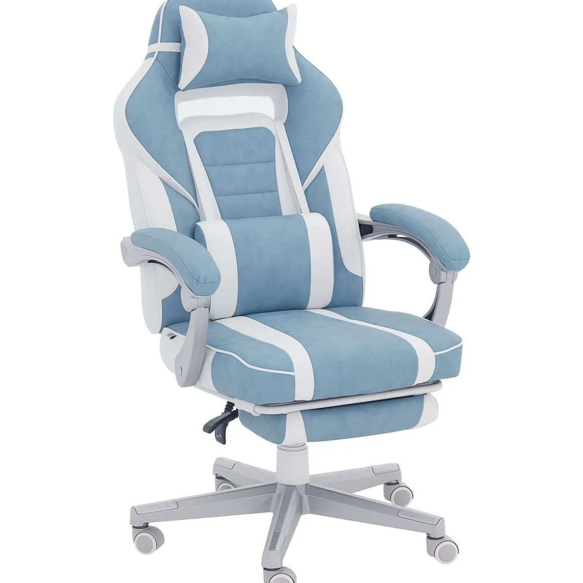 Silla gaming Gales Homcom reclinable + 2 cojines + reposapiés blanco/azul 94,5-102x63x145 cm