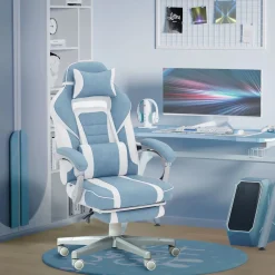 Silla gaming Gales Homcom reclinable + 2 cojines + reposapiés blanco/azul 94,5-102x63x145 cm