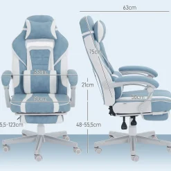 Silla gaming Gales Homcom reclinable + 2 cojines + reposapiés blanco/azul 94,5-102x63x145 cm
