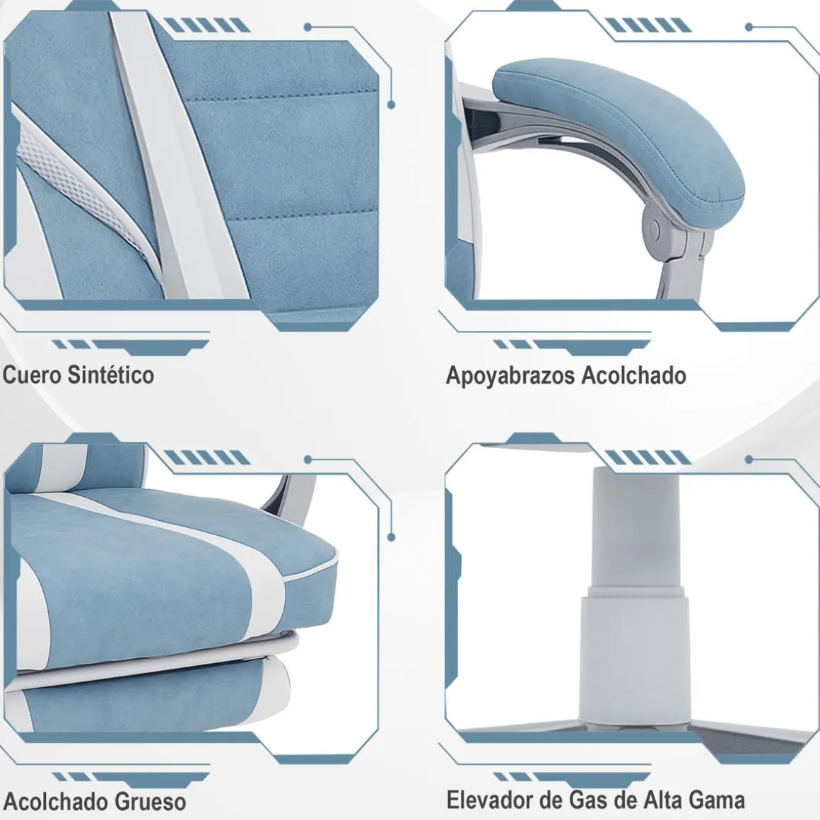 Silla gaming Gales Homcom reclinable + 2 cojines + reposapiés blanco/azul 94,5-102x63x145 cm