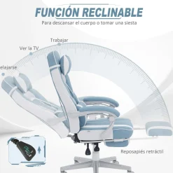 Silla gaming Gales Homcom reclinable + 2 cojines + reposapiés blanco/azul 94,5-102x63x145 cm