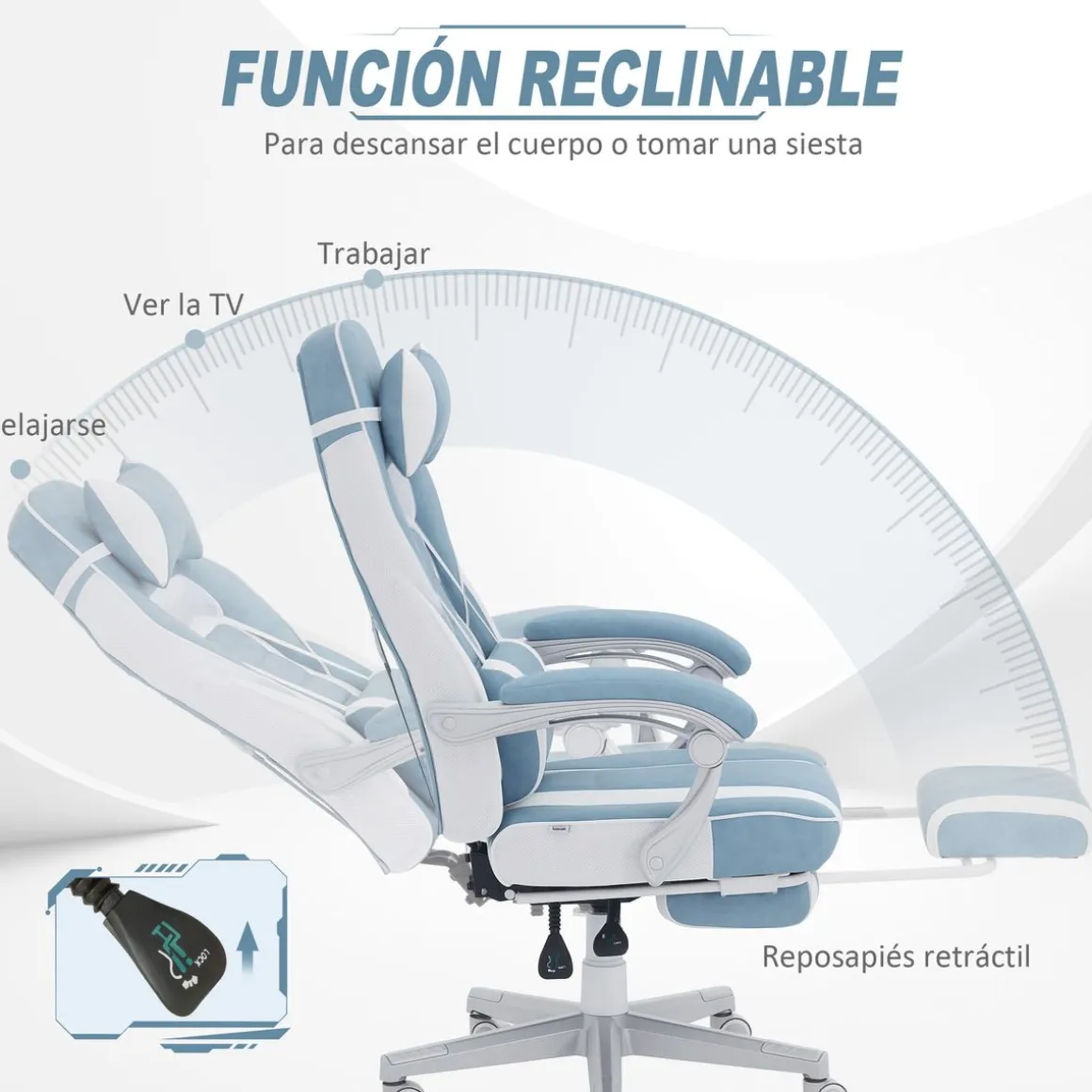Silla gaming Gales Homcom reclinable + 2 cojines + reposapiés blanco/azul 94,5-102x63x145 cm