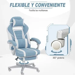 Silla gaming Gales Homcom reclinable + 2 cojines + reposapiés blanco/azul 94,5-102x63x145 cm
