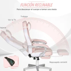 Silla gaming Play Homcom altura regulable + 6 modos de masaje + reposapiés retráctil rosa 115,5-123x63x63 cm