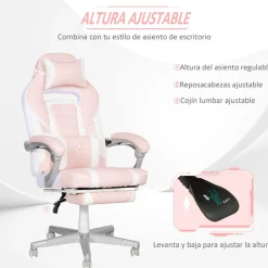 Silla gaming Play Homcom altura regulable + 6 modos de masaje + reposapiés retráctil rosa 115,5-123x63x63 cm