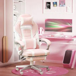 Silla gaming Play Homcom altura regulable + 6 modos de masaje + reposapiés retráctil rosa 115,5-123x63x63 cm