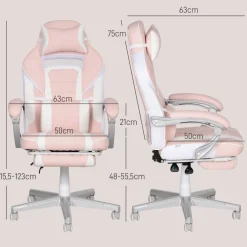 Silla gaming Play Homcom altura regulable + 6 modos de masaje + reposapiés retráctil rosa 115,5-123x63x63 cm