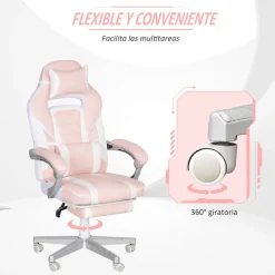 Silla gaming Play Homcom altura regulable + 6 modos de masaje + reposapiés retráctil rosa 115,5-123x63x63 cm
