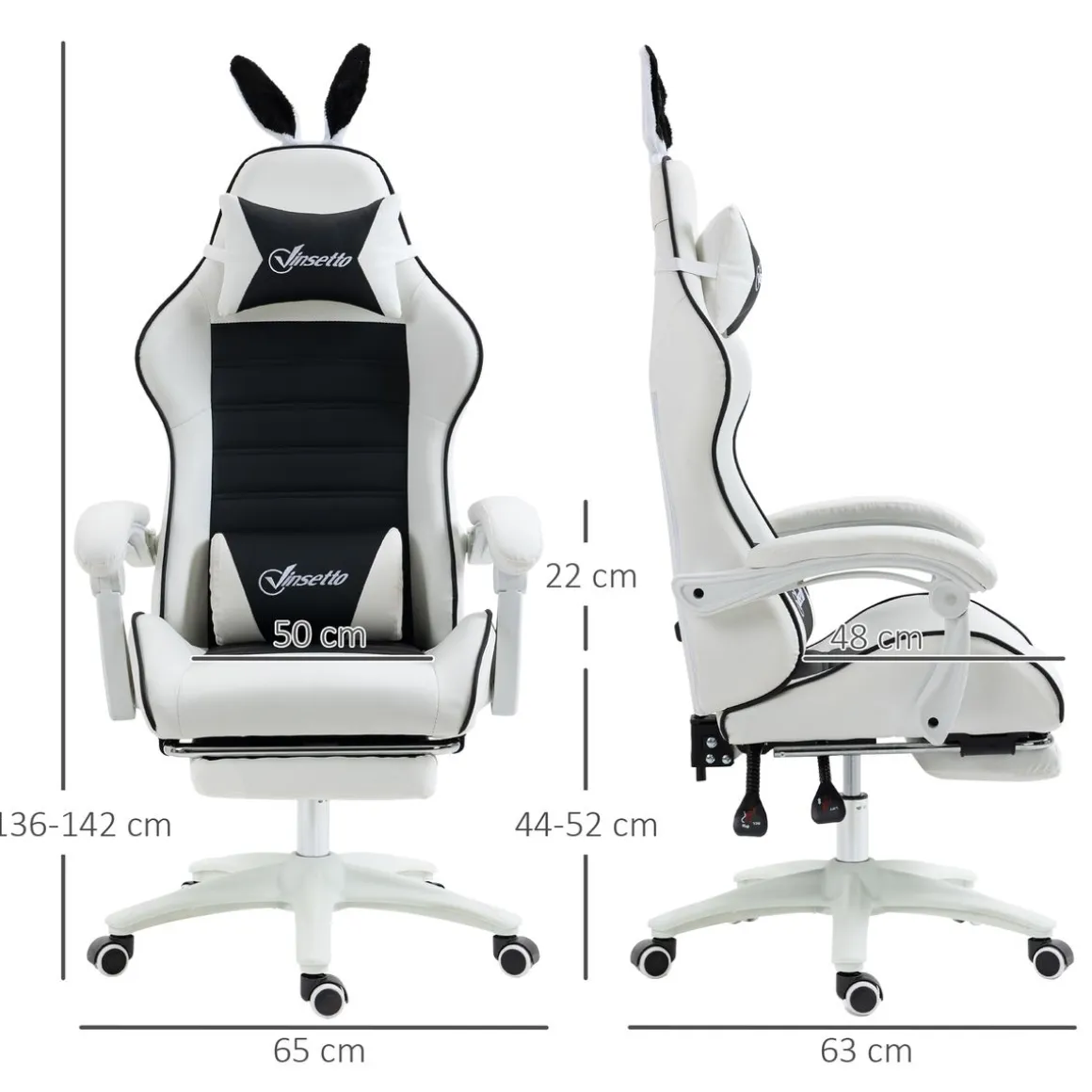 Silla gaming Rabbit Vinsetto reclinable + reposapiés retráctil + orejas de conejo blanco/negro 136-142x63x63 cm
