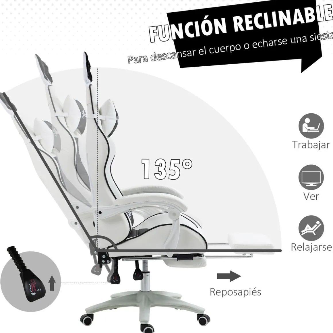 Silla gaming Rabbit Vinsetto reclinable + reposapiés retráctil + orejas de conejo blanco/negro 136-142x63x63 cm