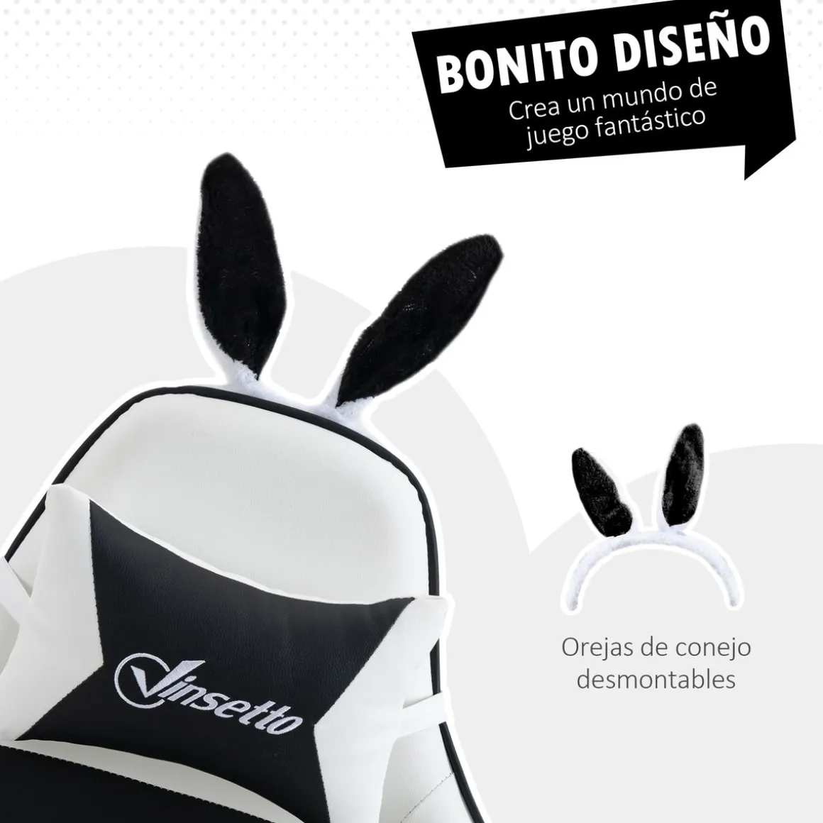 Silla gaming Rabbit Vinsetto reclinable + reposapiés retráctil + orejas de conejo blanco/negro 136-142x63x63 cm