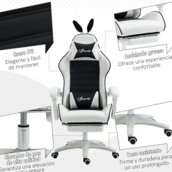 Silla gaming Rabbit Vinsetto reclinable + reposapiés retráctil + orejas de conejo blanco/negro 136-142x63x63 cm