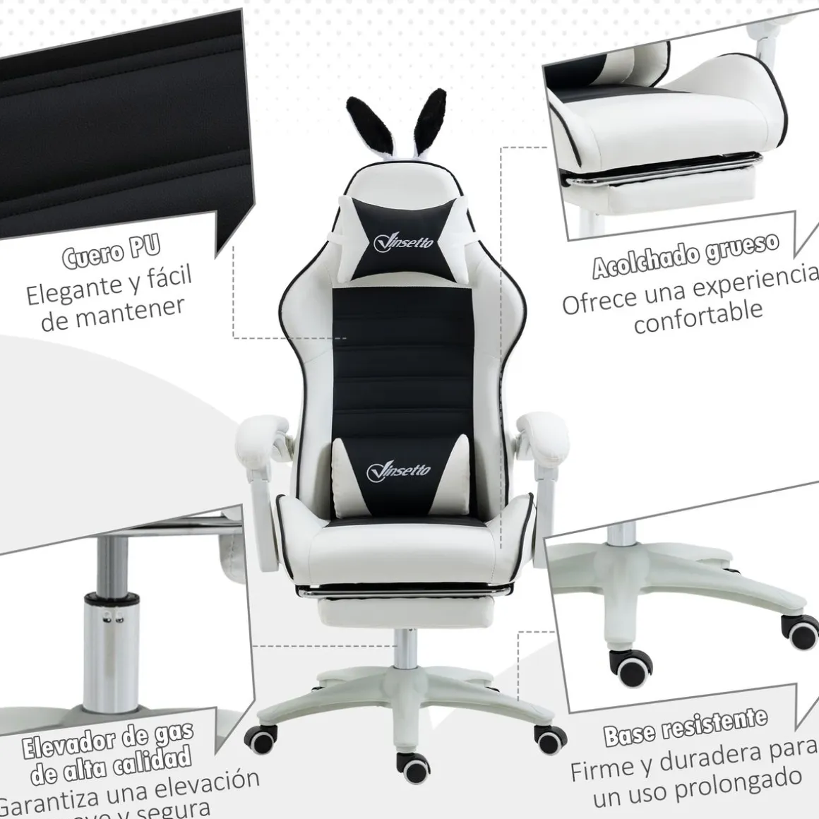 Silla gaming Rabbit Vinsetto reclinable + reposapiés retráctil + orejas de conejo blanco/negro 136-142x63x63 cm