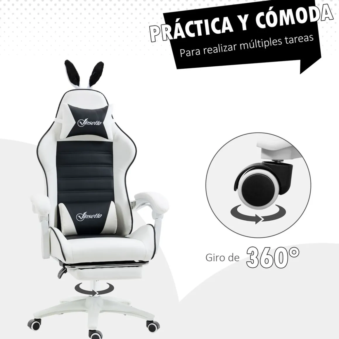 Silla gaming Rabbit Vinsetto reclinable + reposapiés retráctil + orejas de conejo blanco/negro 136-142x63x63 cm