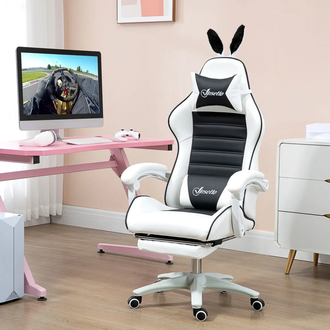 Silla gaming Rabbit Vinsetto reclinable + reposapiés retráctil + orejas de conejo blanco/negro 136-142x63x63 cm