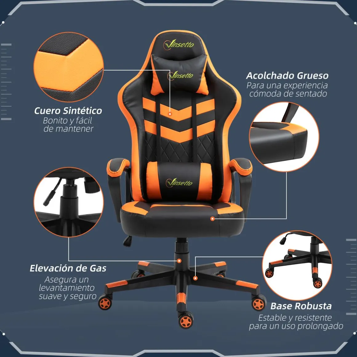 Silla gaming Vade Vinsetto altura regulable con reposacabzas negro/naranja 121-129x61x70 cm