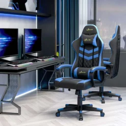 Silla gaming Vinsetto altura regulable reposacabezas cojín lumbar azul/negro 121/129x61x70 cm