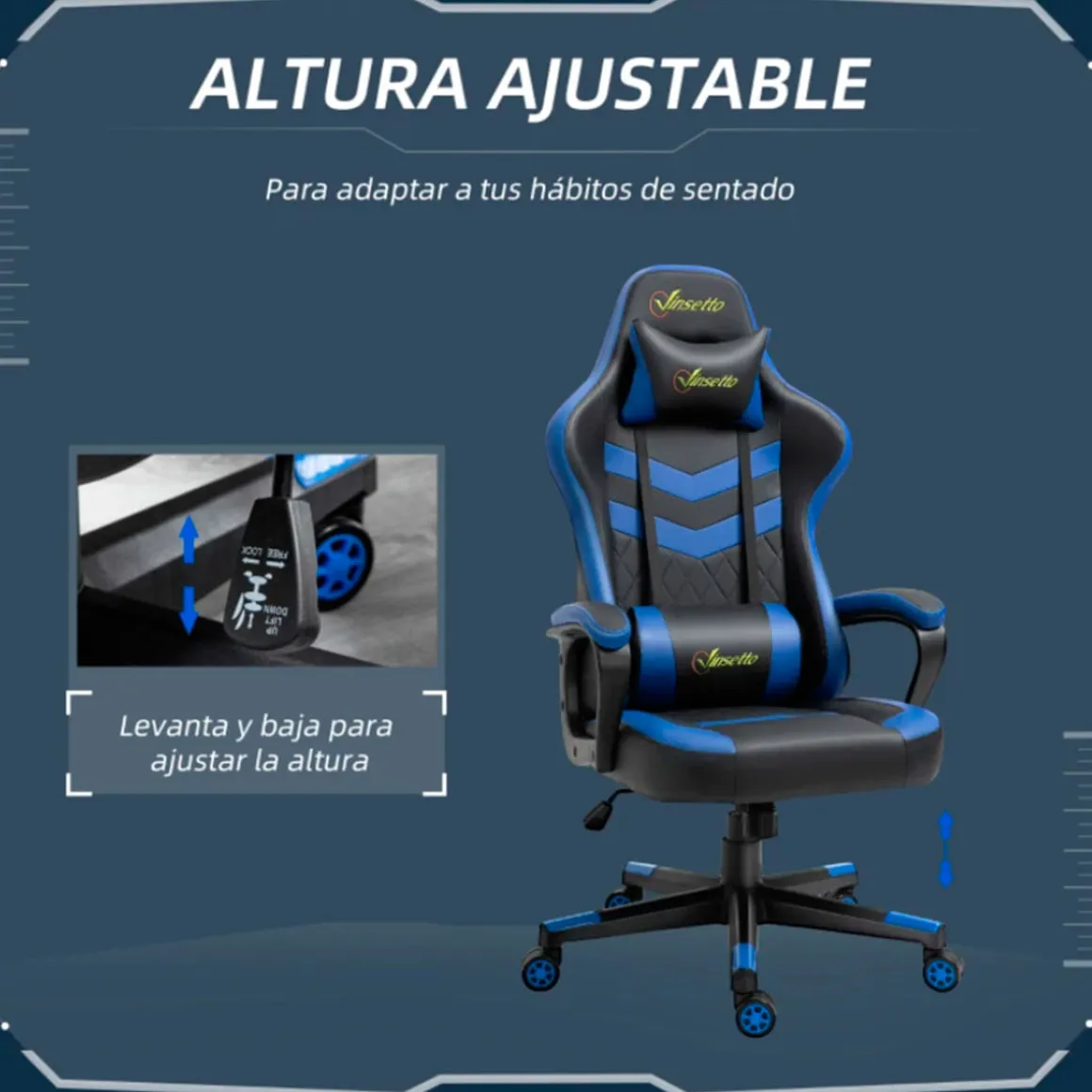 Silla gaming Vinsetto altura regulable reposacabezas cojín lumbar azul/negro 121/129x61x70 cm