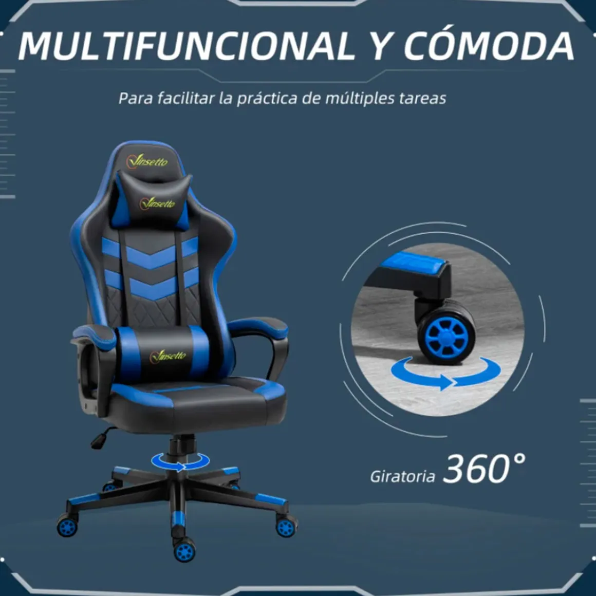 Silla gaming Vinsetto altura regulable reposacabezas cojín lumbar azul/negro 121/129x61x70 cm