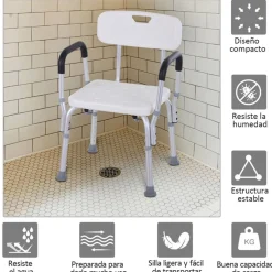 Silla para ducha Homcom regulable con respaldo+reposabrazos blanco 71-84x51,5x43,5 cm