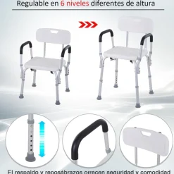 Silla para ducha Homcom regulable con respaldo+reposabrazos blanco 71-84x51,5x43,5 cm