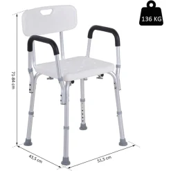 Silla para ducha Homcom regulable con respaldo+reposabrazos blanco 71-84x51,5x43,5 cm