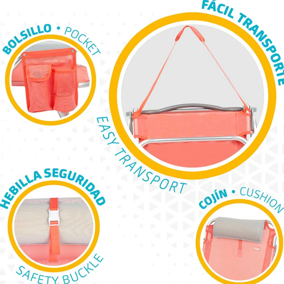Silla plegable Aktive 4 posiciones con cojín + bolsillo + asa 76x64x45 cm