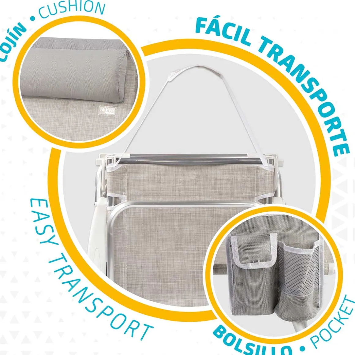 Silla plegable Aktive 4 posiciones con cojín + bolsillo + asa 76x64x45 cm