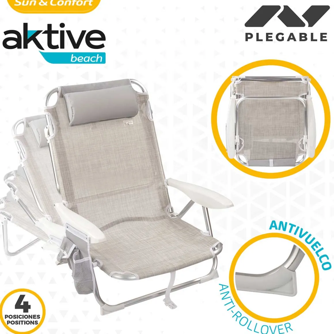 Silla plegable Aktive 4 posiciones con cojín + bolsillo + asa 76x64x45 cm