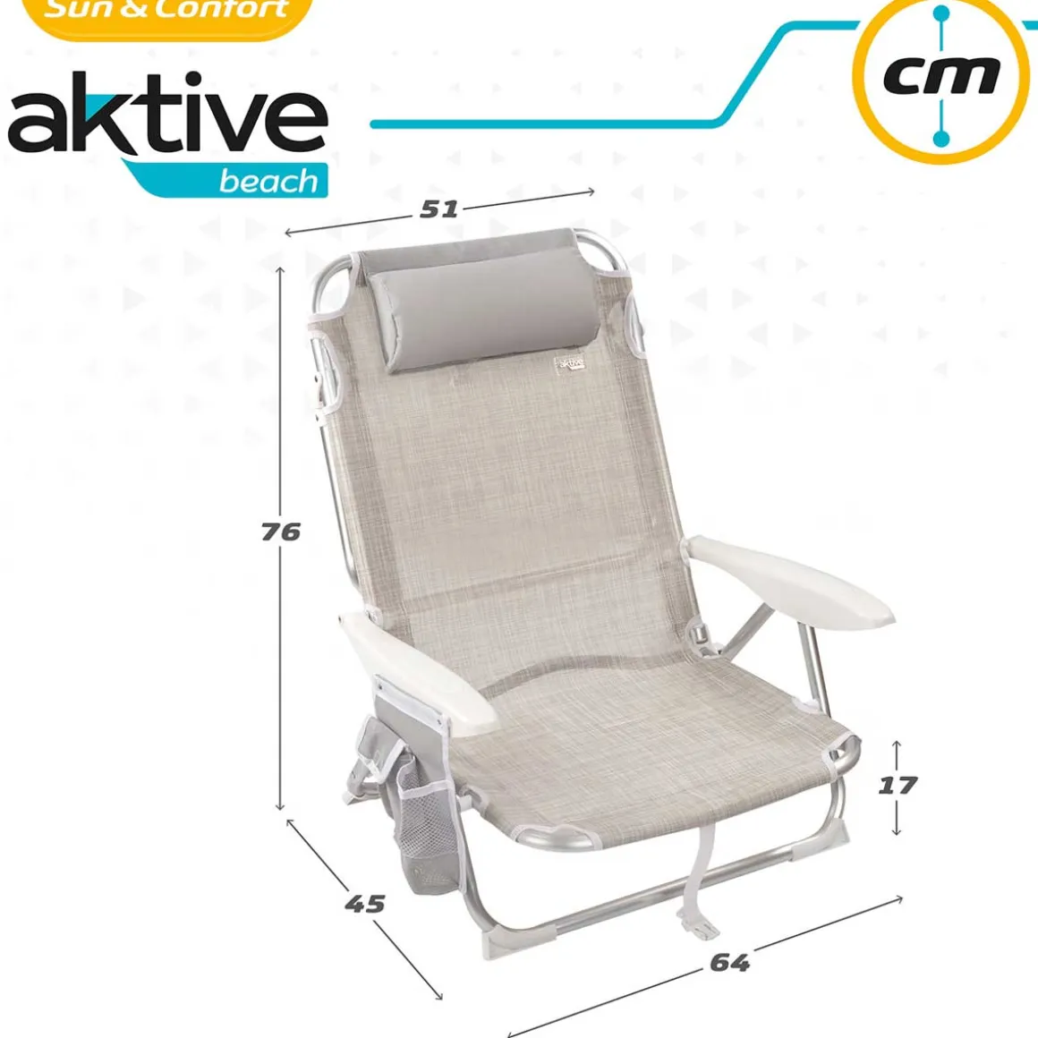 Silla plegable Aktive 4 posiciones con cojín + bolsillo + asa 76x64x45 cm