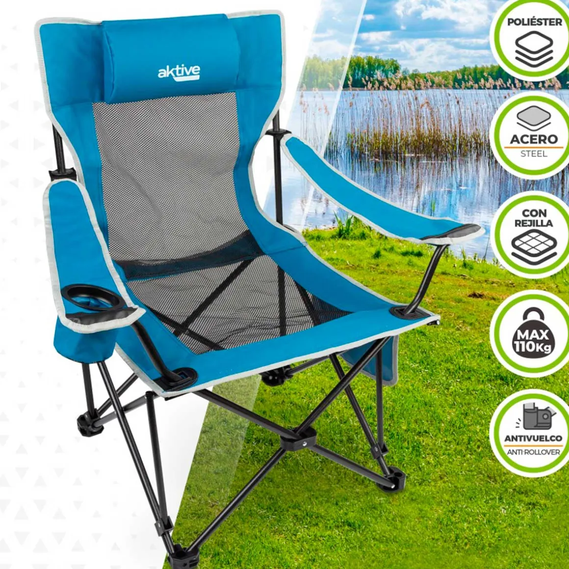 Silla tumbona Aktive Camping 2 posiciones con cojín azul