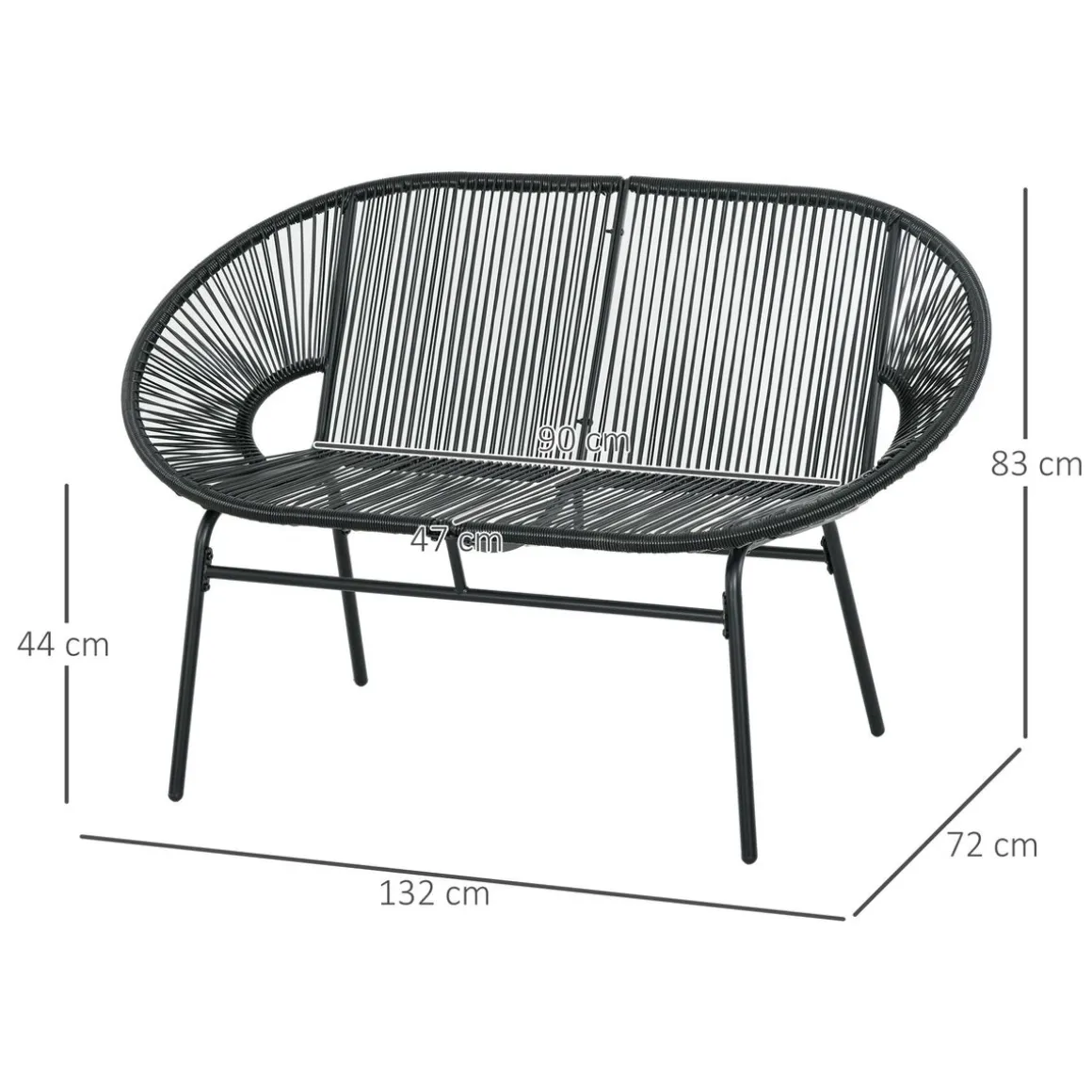 Sillón Acapulco Outsunny 2 plazas 260kg exterior negro 83x132x72 cm
