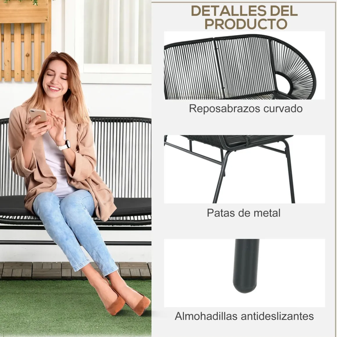 Sillón Acapulco Outsunny 2 plazas 260kg exterior negro 83x132x72 cm