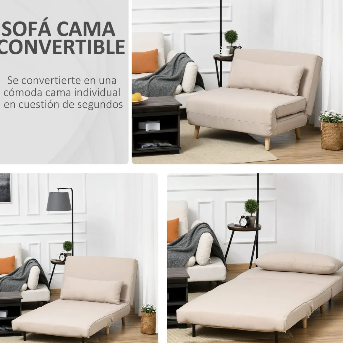 Sillón cama Derby Homcom respaldo ajustable beige 80x94x78 cm