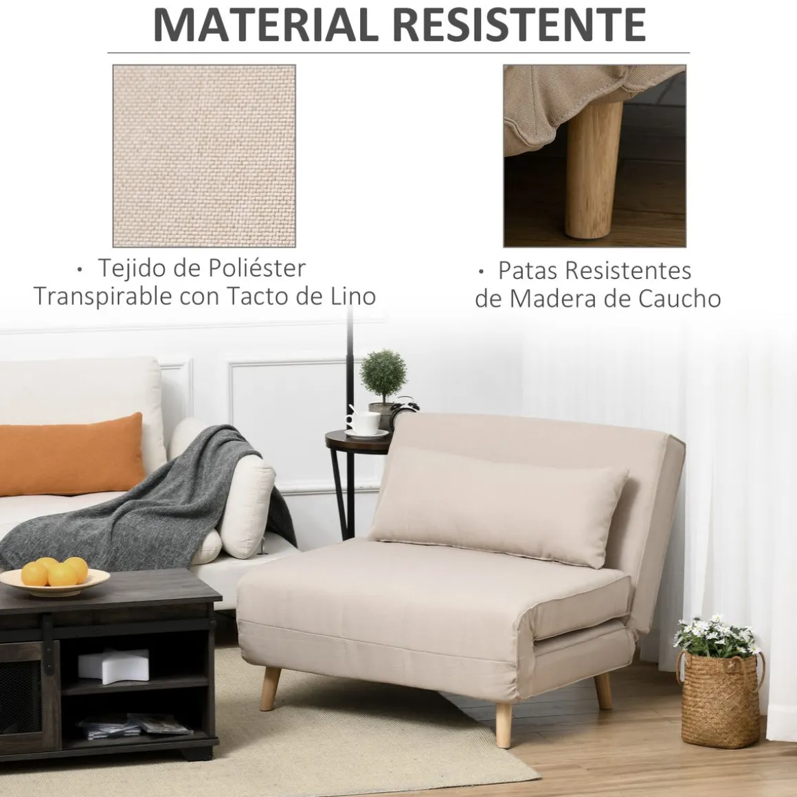 Sillón cama Derby Homcom respaldo ajustable beige 80x94x78 cm