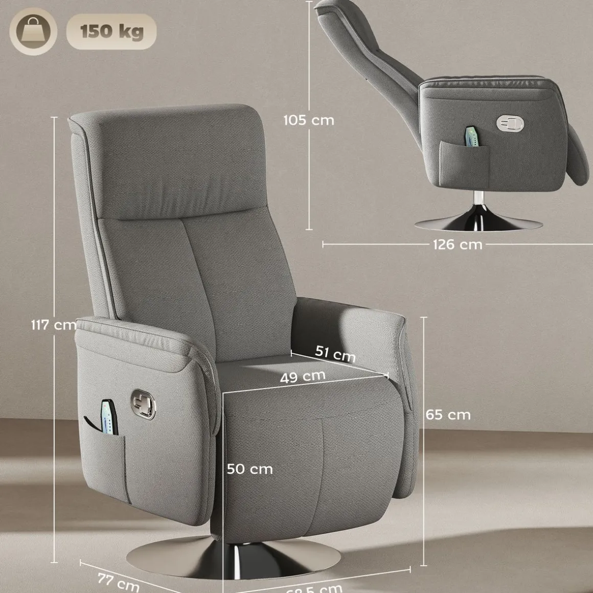Sillón de masaje Kira Homcom 10 puntos de masaje + reposapiés + mando gris 117x68,5x77 cm