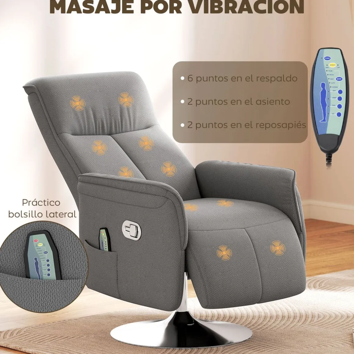 Sillón de masaje Kira Homcom 10 puntos de masaje + reposapiés + mando gris 117x68,5x77 cm