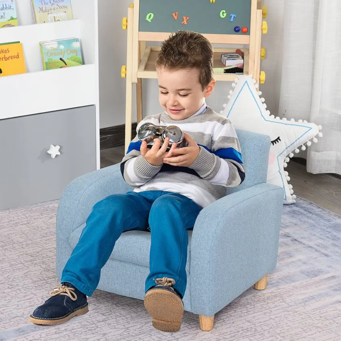 Sillón infantil Homcom +3A lino azul 44x49x45 cm