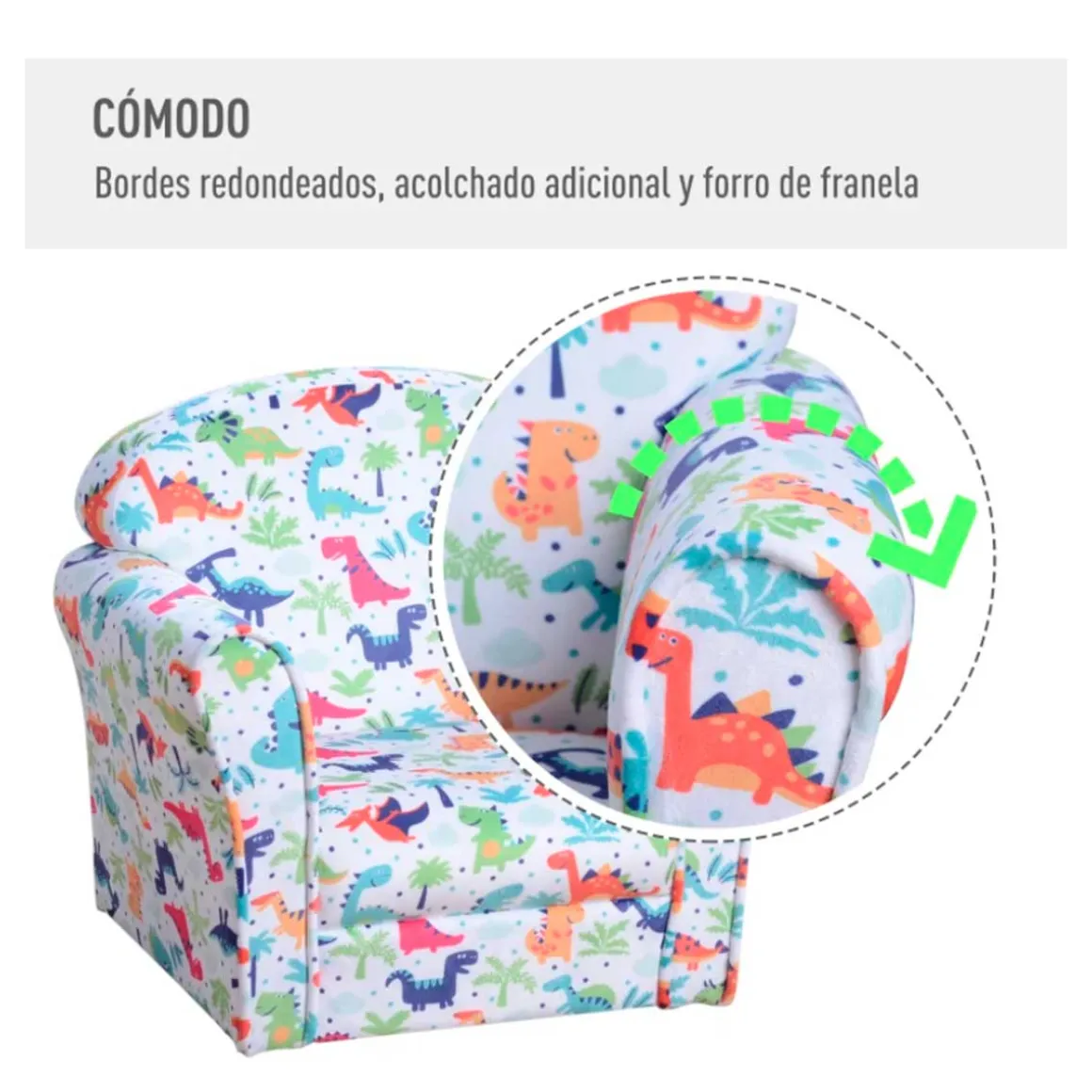 Sillón infantil Homcom dinosaurios 45kg +3A multicolor 44x50x39 cm