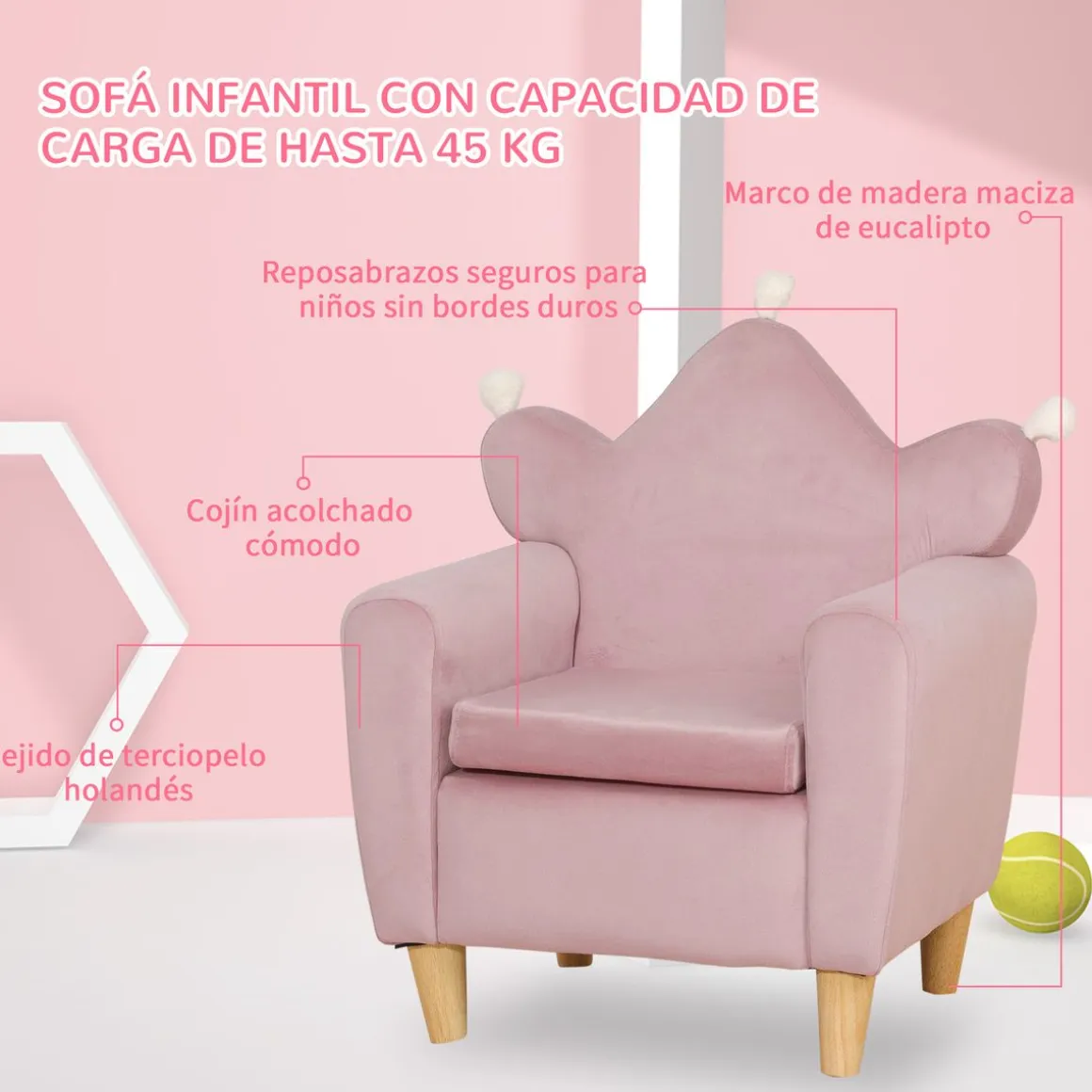 Sillón infantil Mandy Homcom diseño mini +3A rosa 58x50x42 cm