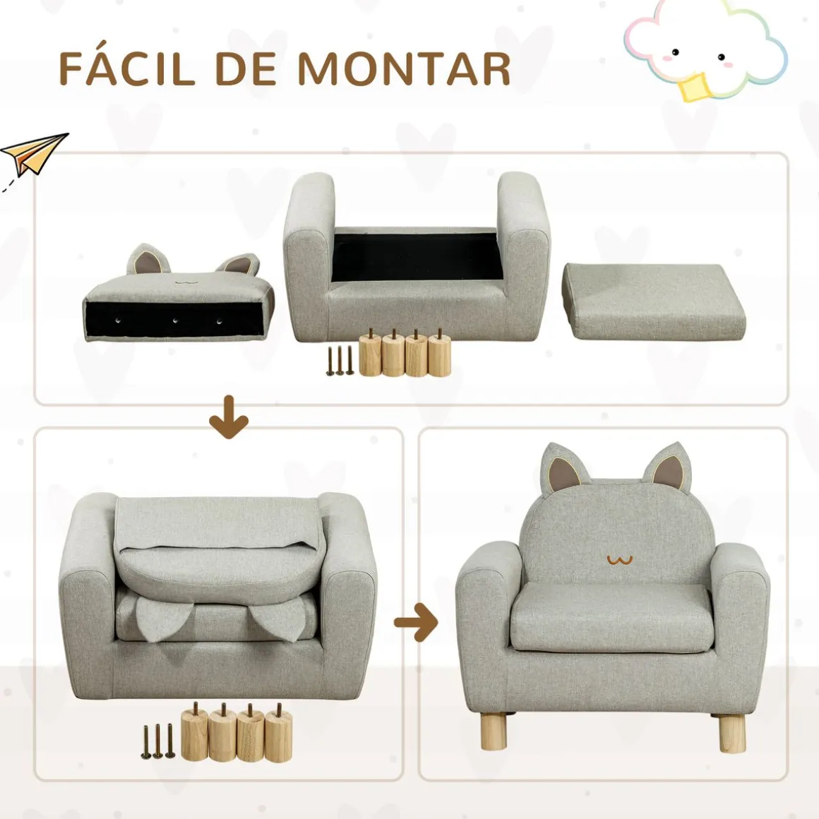 Sillón infantil Ruby Homcom diseño mini +3A gris 53x61x42 cm