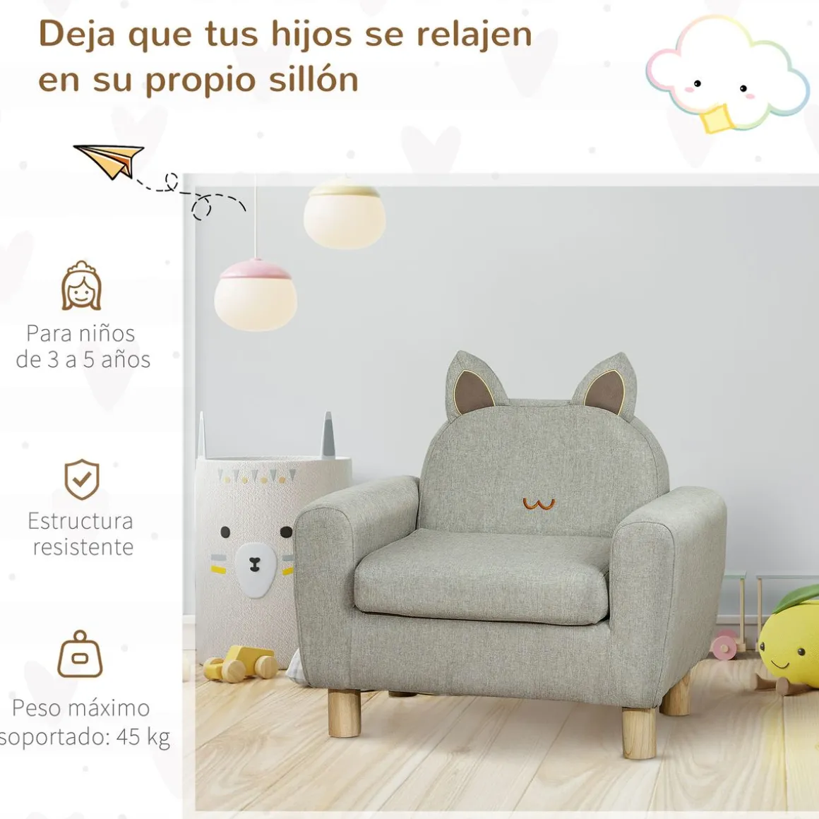 Sillón infantil Ruby Homcom diseño mini +3A gris 53x61x42 cm