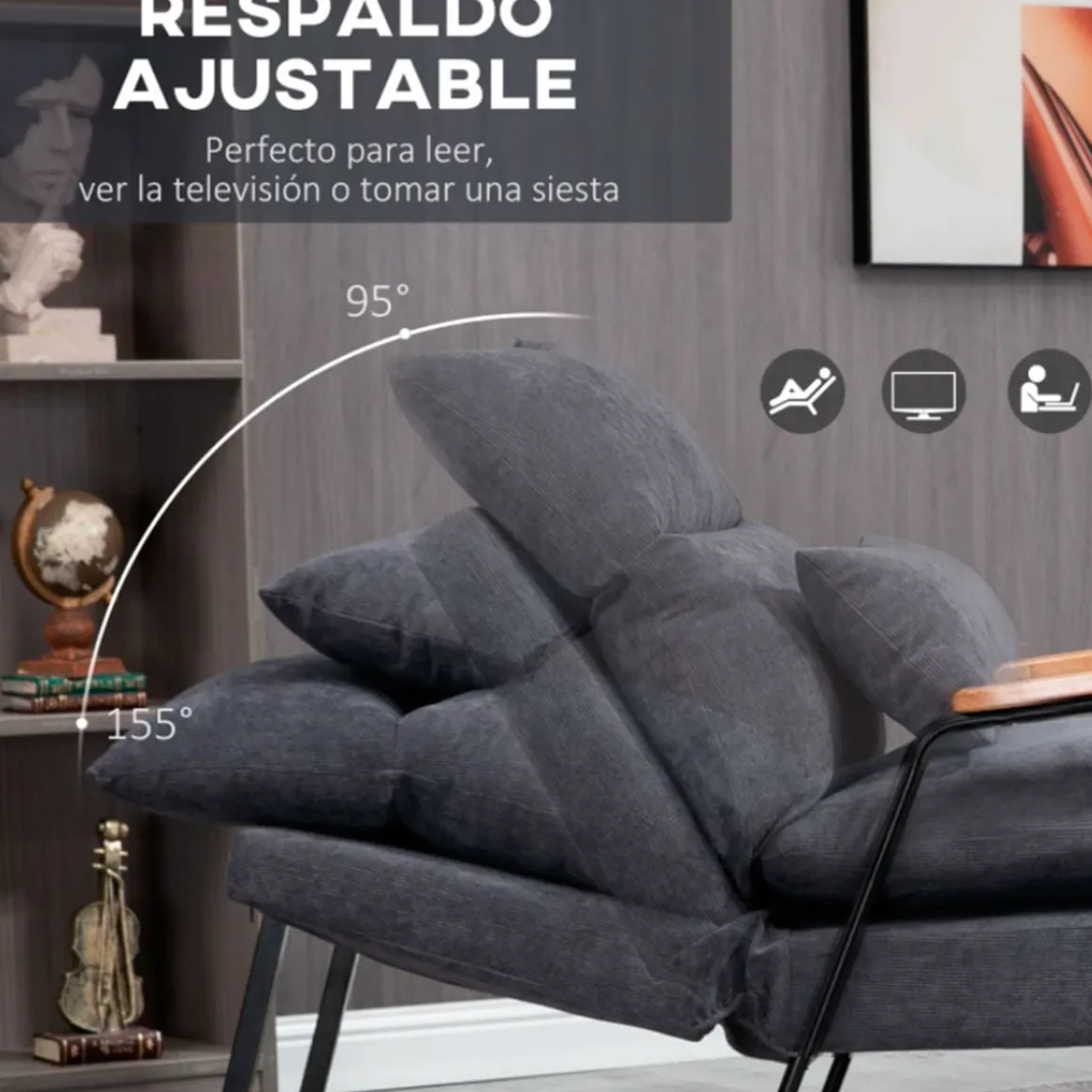 Sillón relax Homcom con reposapiés y respaldo ajustable tapizado pana 88x68x91,5 cm
