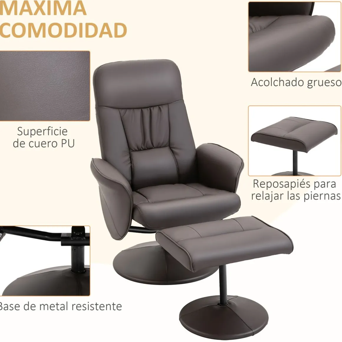 Sillón relax Vole Homcom con taburete respaldo reclinable marrón 101x76x81 cm