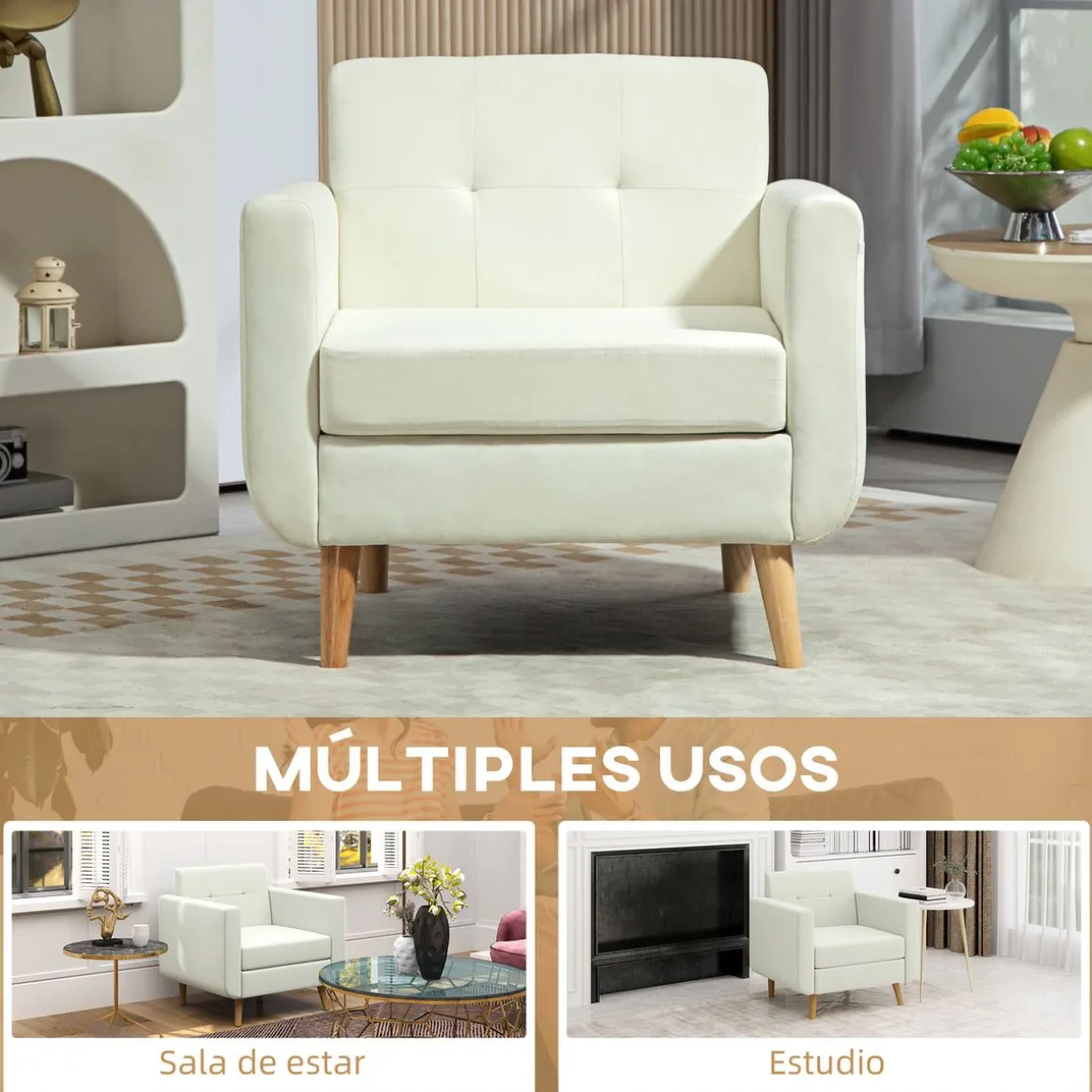 Sillón Sere Homcom asiento acolchado + reposabrazos crema 75x78x70 cm