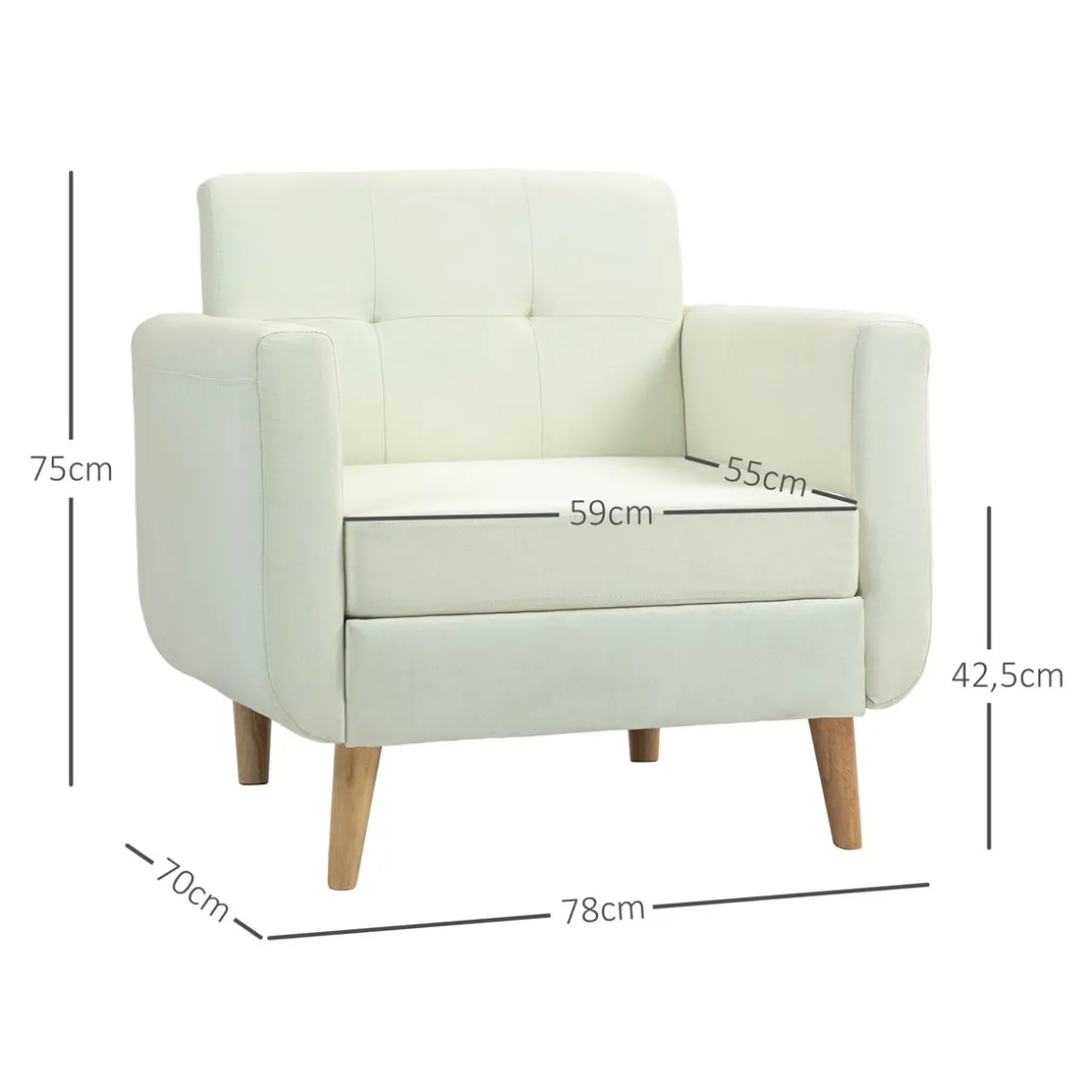Sillón Sere Homcom asiento acolchado + reposabrazos crema 75x78x70 cm