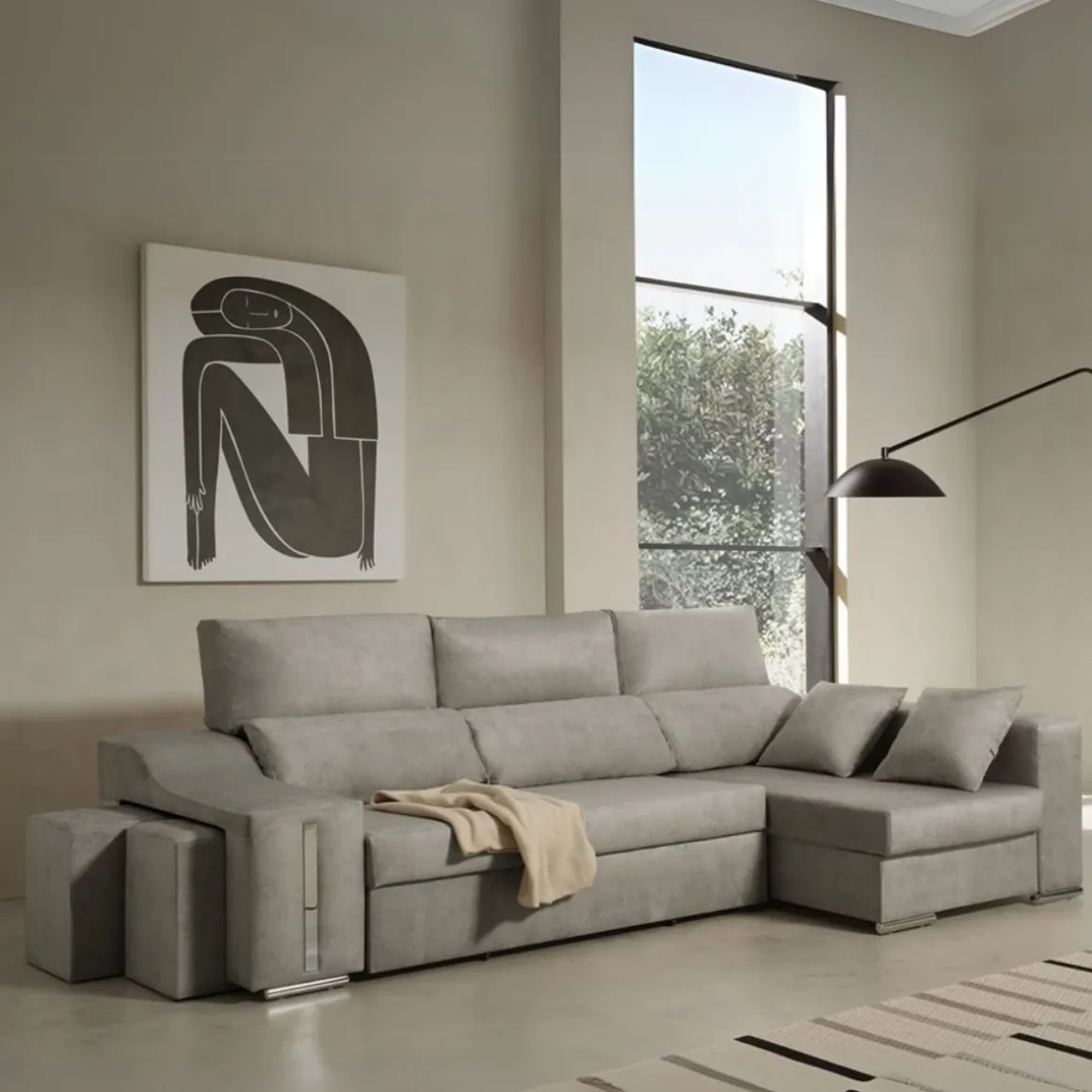 Sofá cama chaiselongue Giuliana Velare 3 plazas + 2 pufs 105x264x145 cm