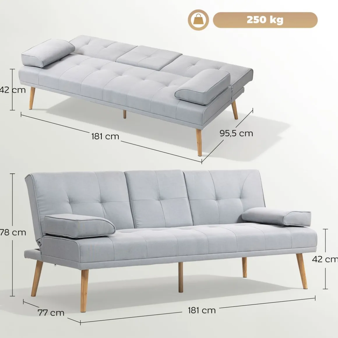 Sofá cama Cotton Homcom 3 plazas respaldo ajustable 78x181x77 cm